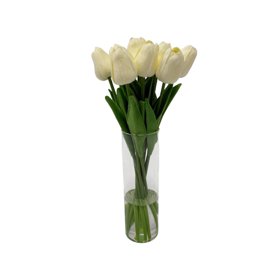 Faux Cream Tulip Floral Arrangement in Tall Glass Vase Accessories 