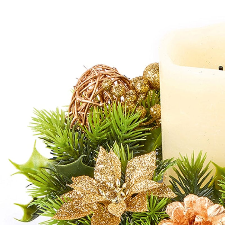 Faux Gold Poinsettia & Pinecone Decorative Candle Ring Accessories 