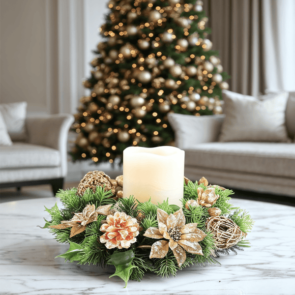 Faux Gold Poinsettia & Pinecone Decorative Candle Ring Accessories 
