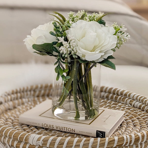 Faux White Rose Arrangement in Glass Vase Accessories 