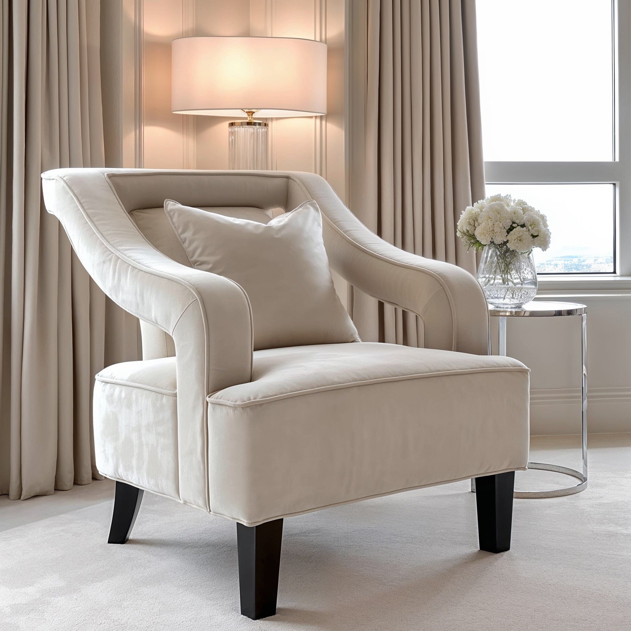 A beautiful ivory velvet accent chair with black legs