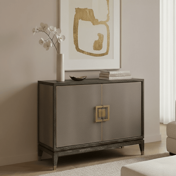 Felicia Luxury Black Wood & Shagreen 2 Door Sideboard with Brass Handles Furniture 