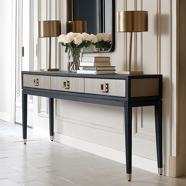 Felicia Luxury Black Wood & Shagreen 3 Drawer Console with Brass Handles Furniture 