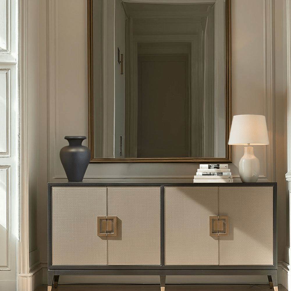 Felicia Luxury Black Wood & Shagreen 4 Door Sideboard with Brass Handles Furniture 