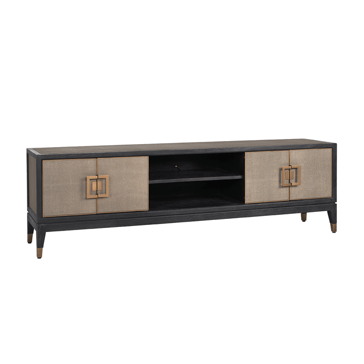 Felicia Luxury Black Wood & Shagreen 4 Door TV Unit with Brass Handles Furniture 