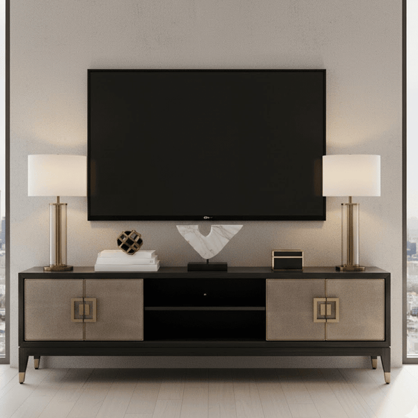 Felicia Luxury Black Wood & Shagreen 4 Door TV Unit with Brass Handles Furniture 
