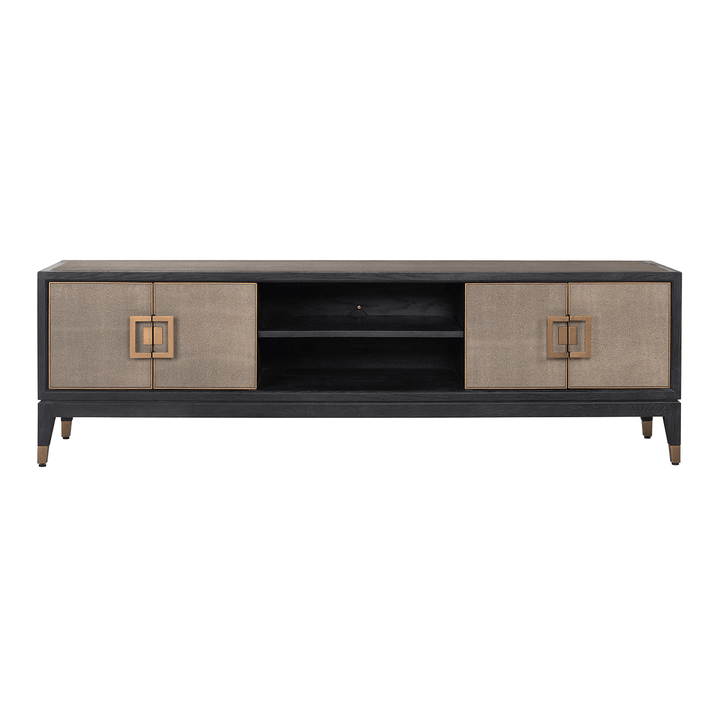 Felicia Luxury Black Wood & Shagreen 4 Door TV Unit with Brass Handles Furniture 