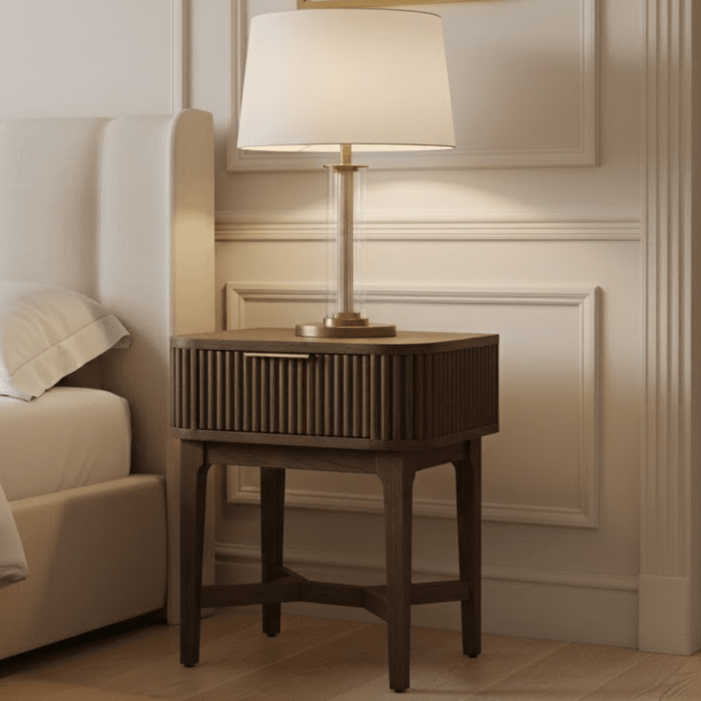 Felicity Dark Brown Ribbed Oak 1 Drawer Bedside Table Furniture 