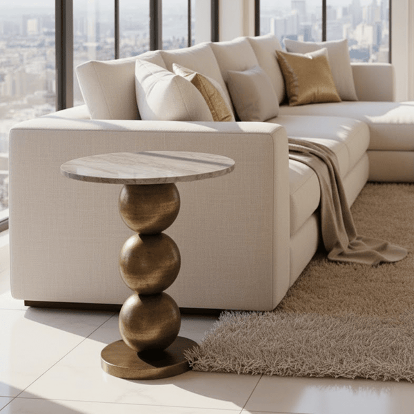 Fioelle Brass Side Table with Beige Marble Top Furniture 