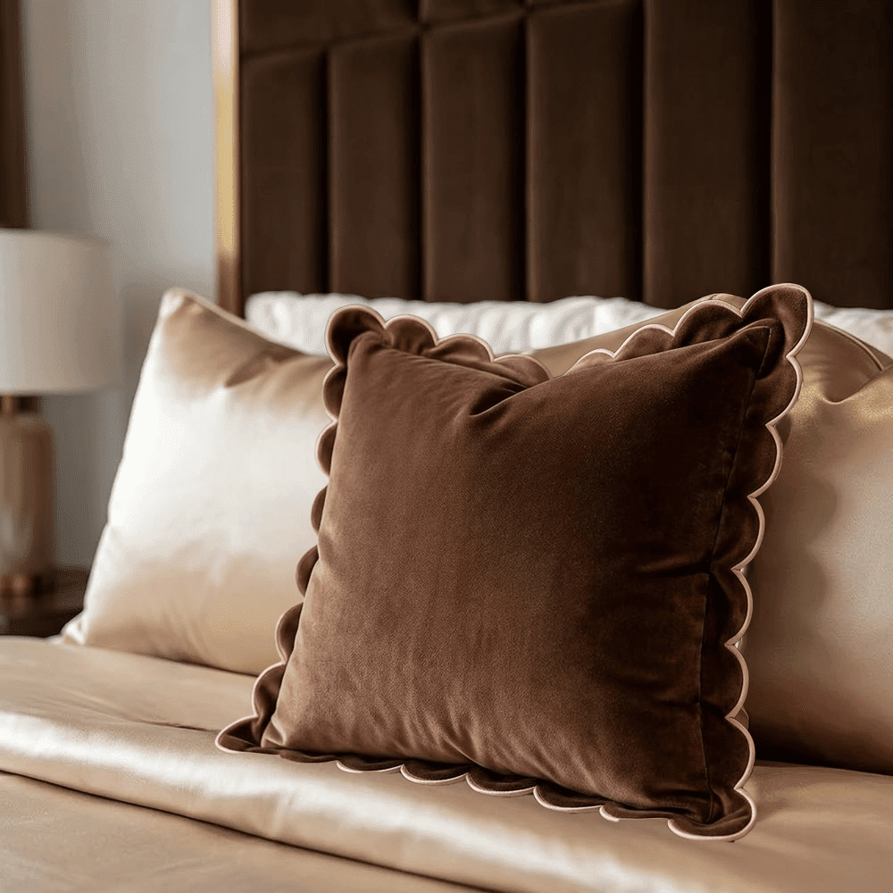 Fiore Brown Velvet Scalloped Edge Cushion Cover with Pink Trim - 45x45cm Textiles 