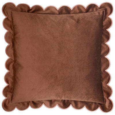 Fiore Brown Velvet Scalloped Edge Cushion Cover with Pink Trim - 45x45cm Textiles 