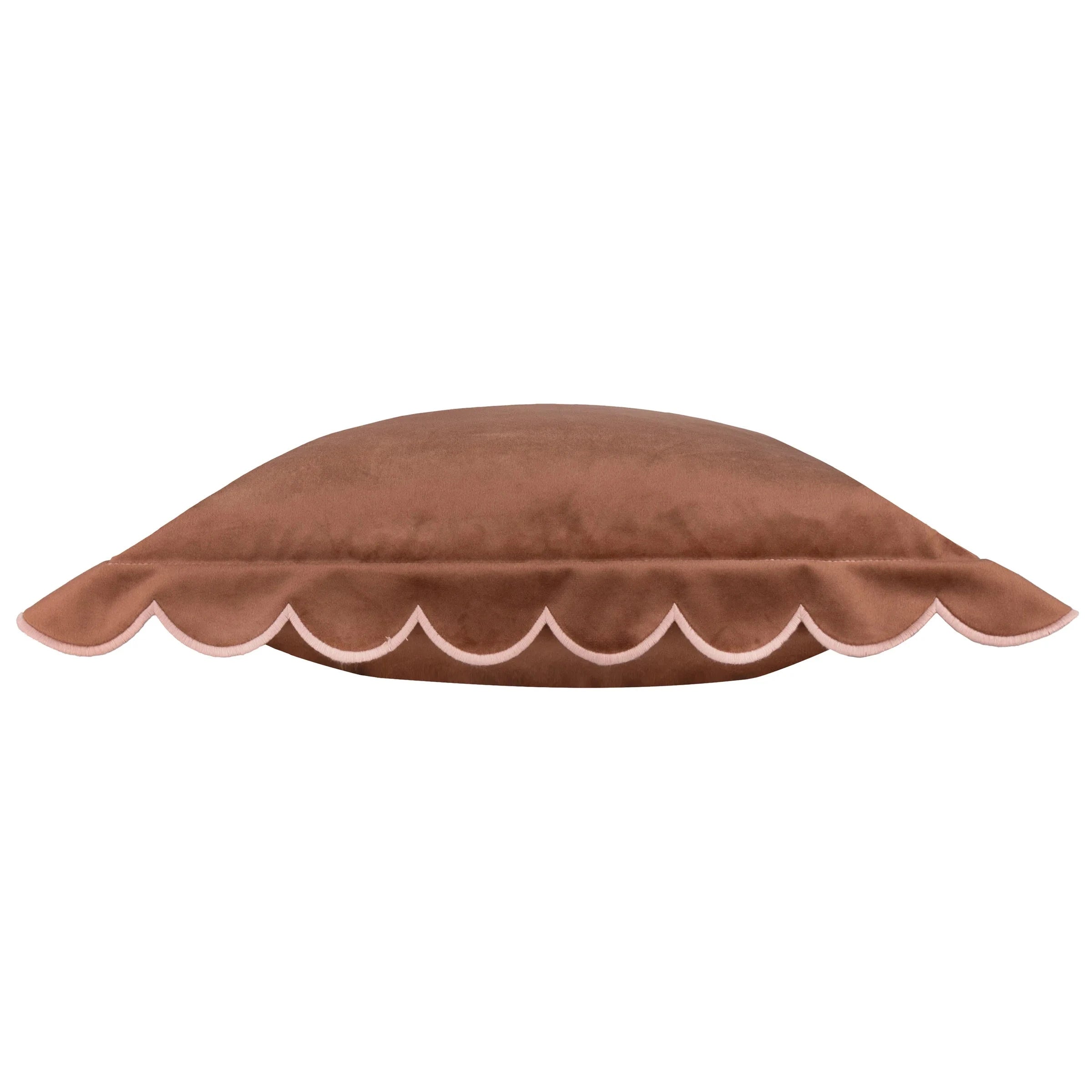 Fiore Brown Velvet Scalloped Edge Feather Filled Cushion with Pink Trim - 45x45cm
