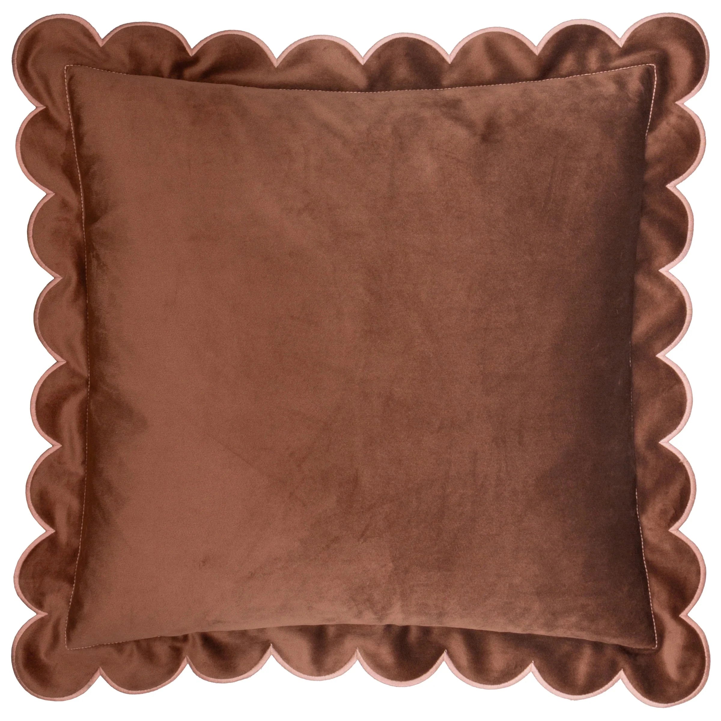 Fiore Brown Velvet Scalloped Edge Cushion Cover with Pink Trim - 45x45cm
