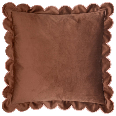 Fiore Brown Velvet Scalloped Edge Cushion Cover with Pink Trim - 45x45cm