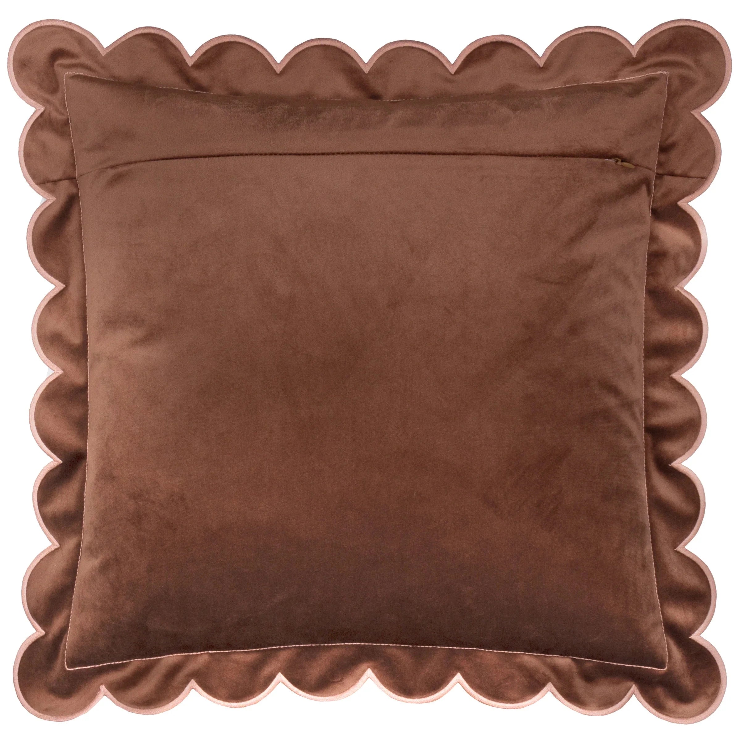 Fiore Brown Velvet Scalloped Edge Cushion Cover with Pink Trim - 45x45cm