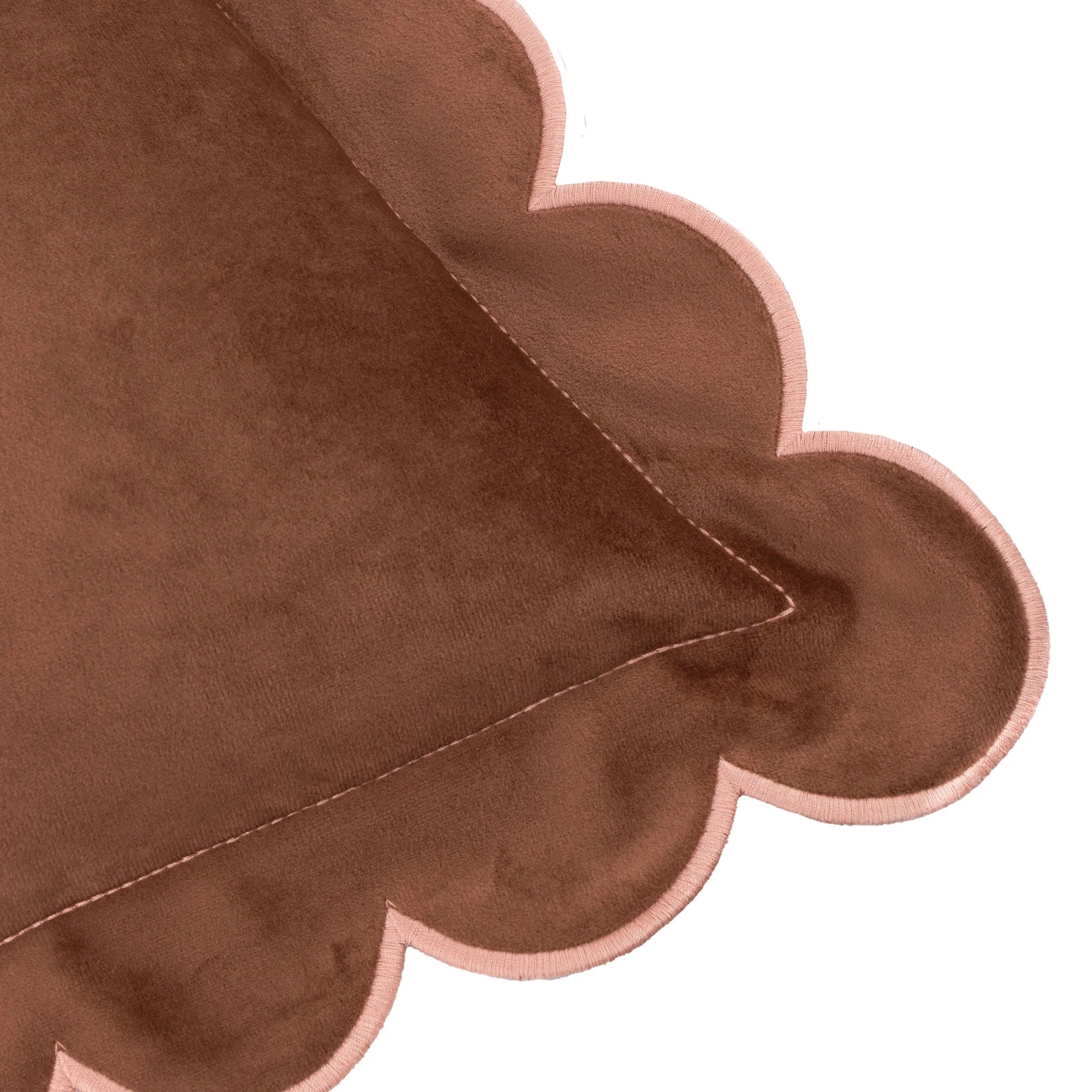 Fiore Brown Velvet Scalloped Edge Cushion Cover with Pink Trim - 45x45cm