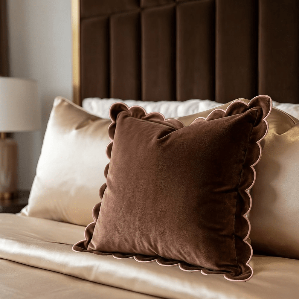 Fiore Brown Velvet Scalloped Edge Feather Filled Cushion with Pink Trim - 45x45cm