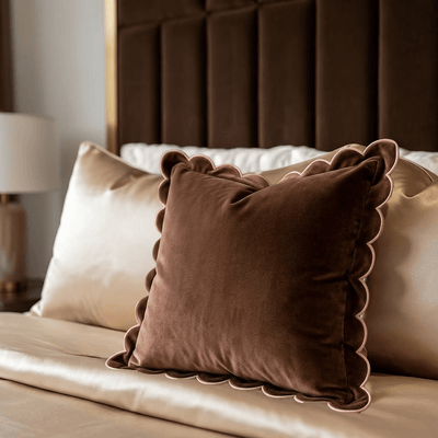 Fiore Brown Velvet Scalloped Edge Feather Filled Cushion with Pink Trim - 45x45cm