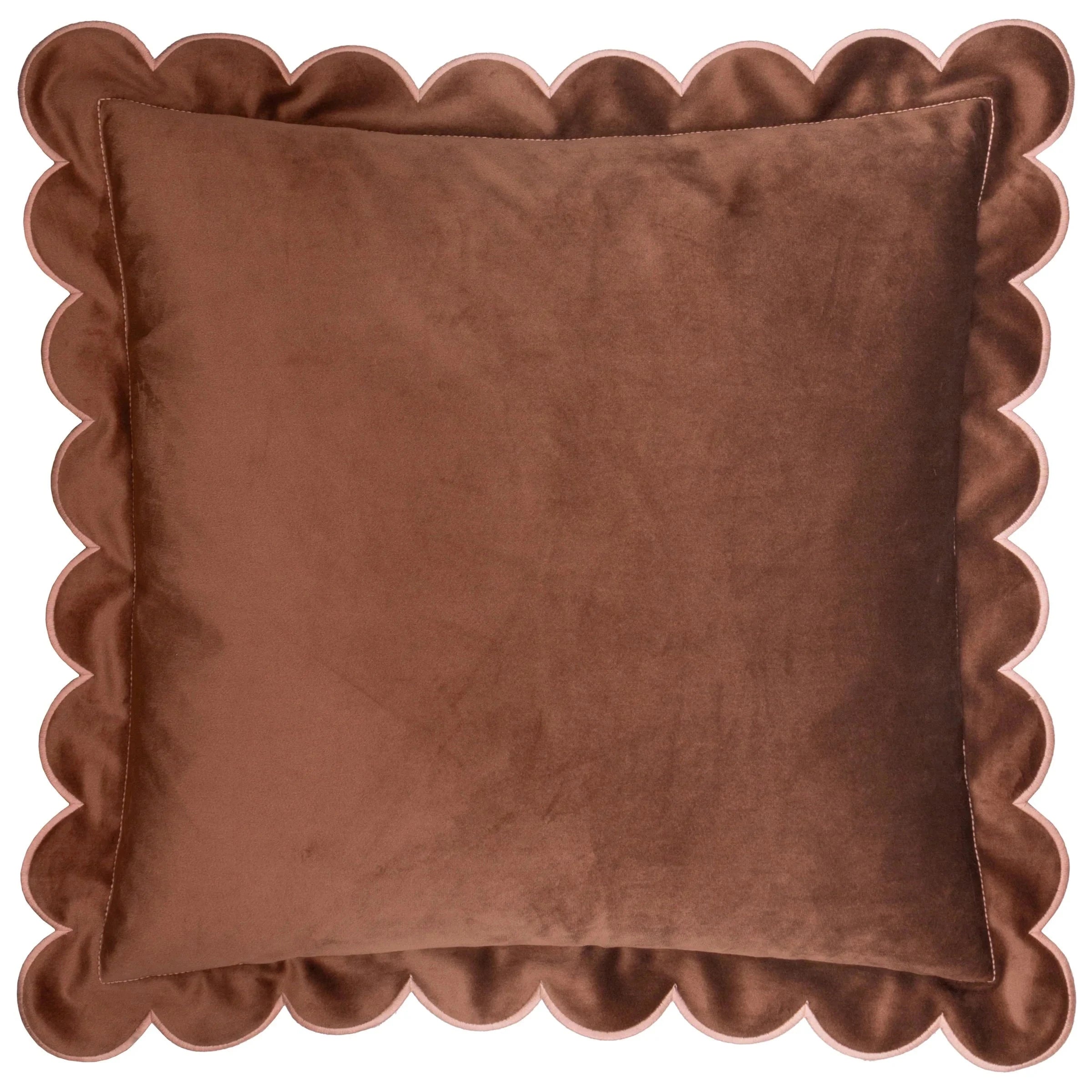 Fiore Brown Velvet Scalloped Edge Feather Filled Cushion with Pink Trim - 45x45cm Textiles 
