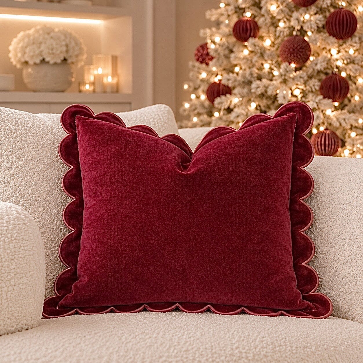 Fiore Burgundy Velvet Scalloped Edge Feather Filled Cushion - 45x45cm Textiles 