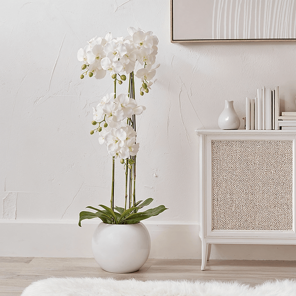 Floor Standing White Faux Potted Orchid Decorative Floral Accessories 