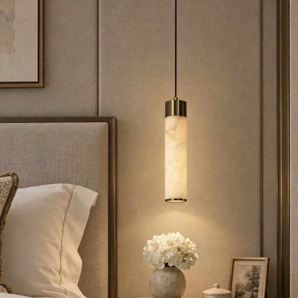 Fredrich Brass Cylindrical Pendant Ceiling Light with Marble Shade Lighting 