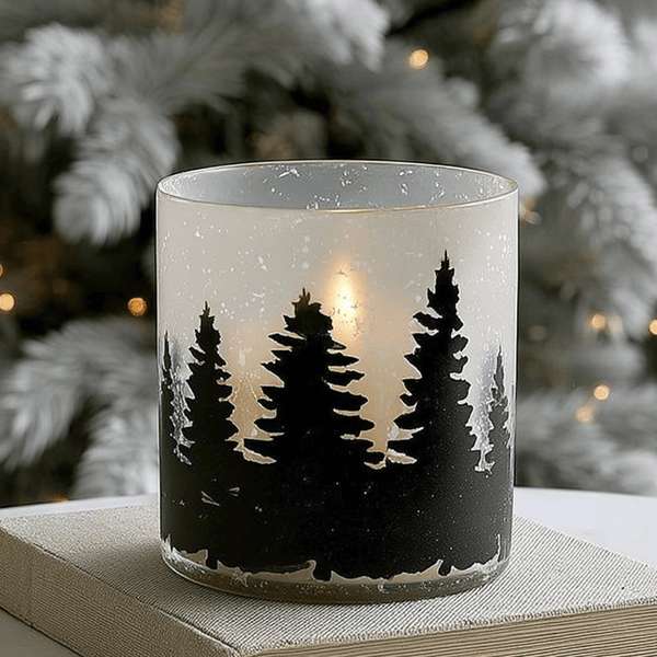 Frosted Glass & Black Large Tree Print Candle Holder Accessories 