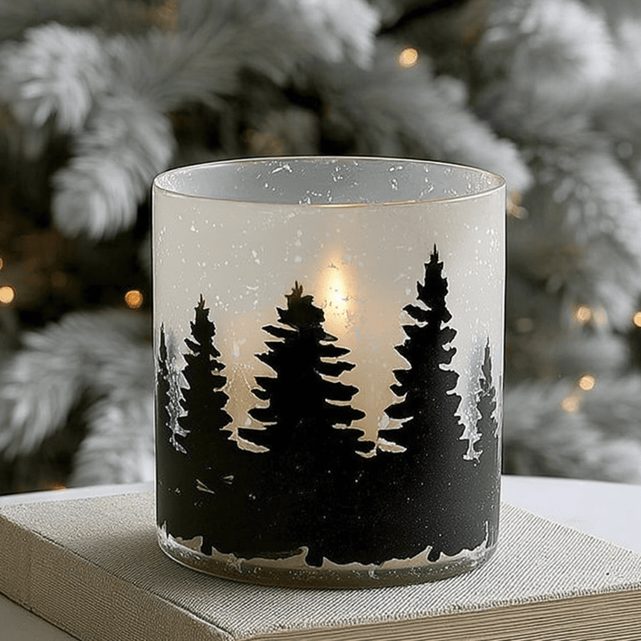 Frosted Glass & Black Large Tree Print Candle Holder Accessories 