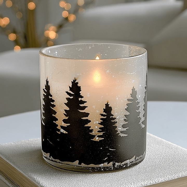 Frosted Glass & Black Medium Tree Print Candle Holder Accessories 