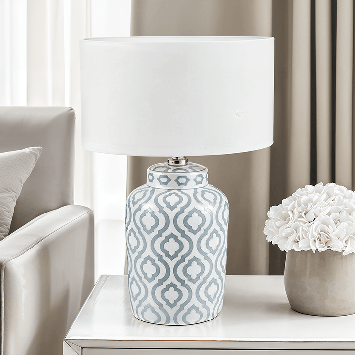 Gatsby Grey & White Patterned Ceramic Table Lamp with White Shade Lighting 