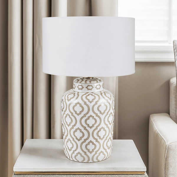 Gatsby Taupe & White Patterned Ceramic Table Lamp with White Shade Lighting 