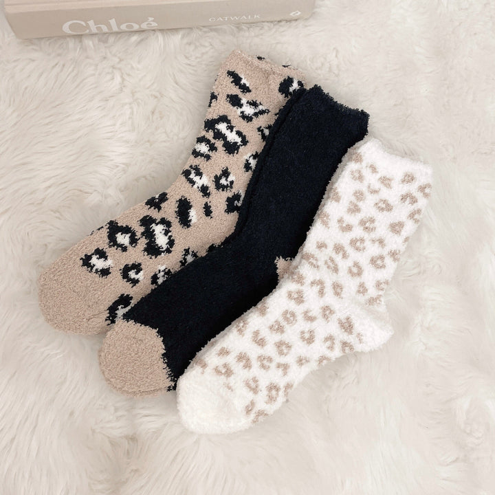 Giselle Neutral Animal Print Cosy Fluffy Socks - Set of 3 Lounge 