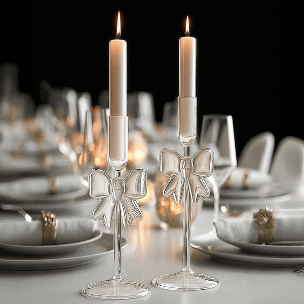 Glass Bow Decorative Candlestick Holders - Set of 2 Accessories 