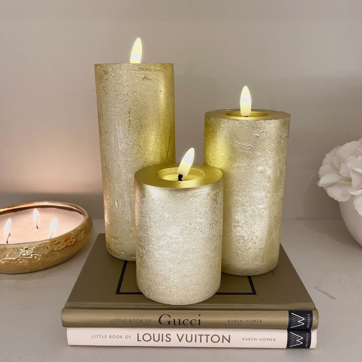 Gold Medium Glitter Festive LED Pillar Candle Fragrance 