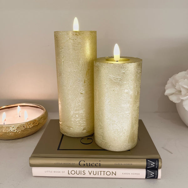 Gold Medium Glitter Festive LED Pillar Candle Fragrance 