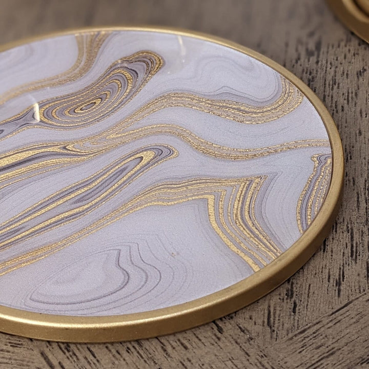 Gold Swirl Marble Effect Coasters with Gold Holder - Set of 4 Accessories 