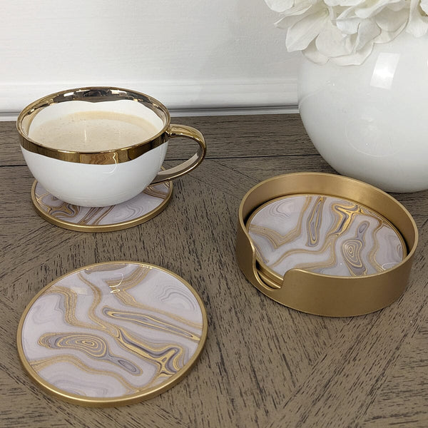 Gold Swirl Marble Effect Coasters with Gold Holder - Set of 4 Accessories 