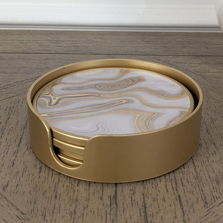 Gold Swirl Marble Effect Coasters with Gold Holder - Set of 4 Accessories 