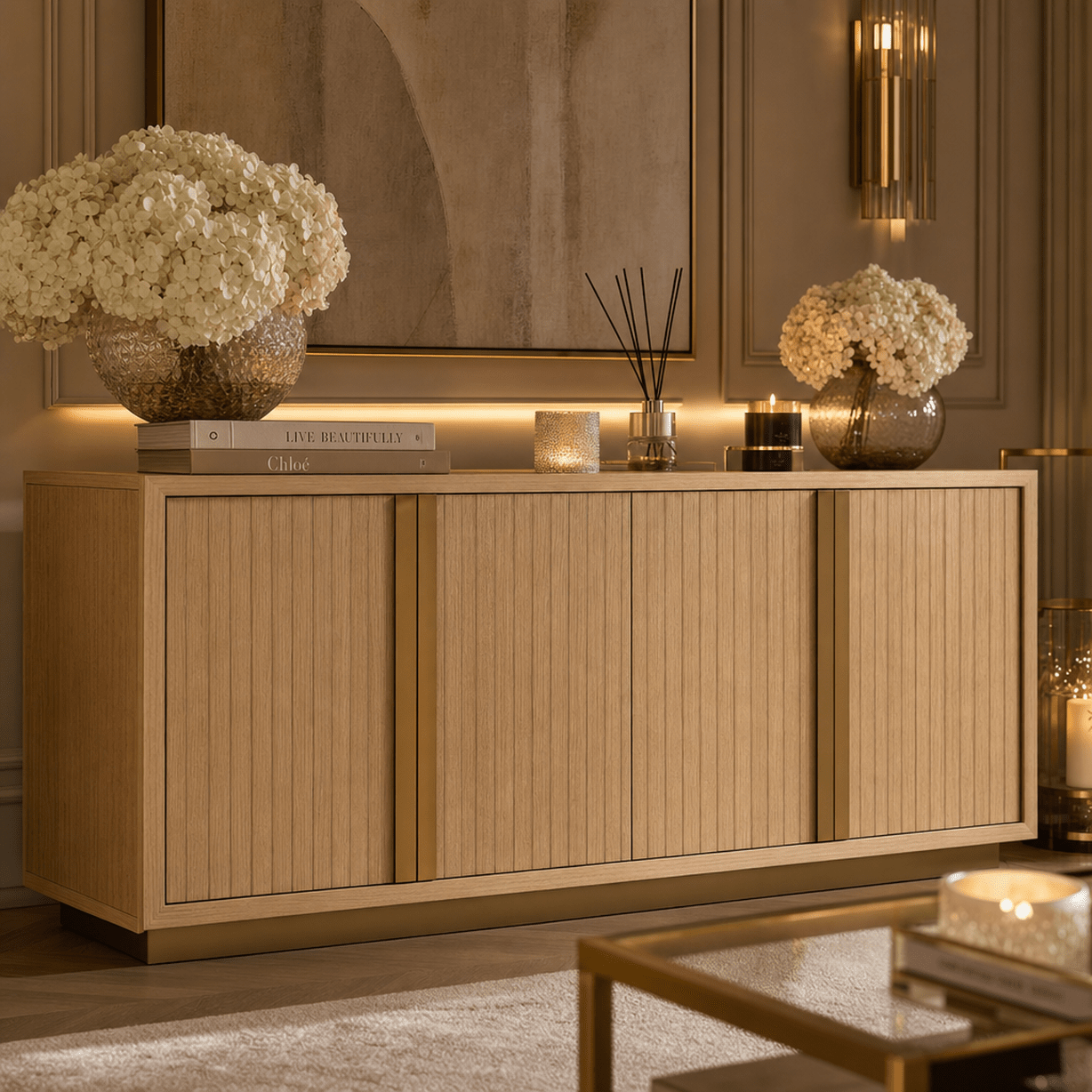 Grove Warm Oak Fluted 4 Door Sideboard Furniture 