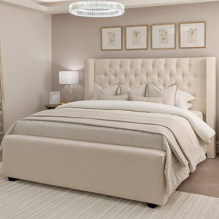 Harper Classic Luxury Beige Textured Buttoned Winged Chunky Bed Beds and Headboards 