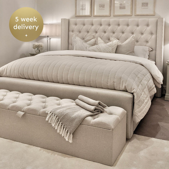 Harper Classic Luxury Grey Tweed Buttoned Silver Stud Wing Chunky Bed MTO Beds and Headboards 