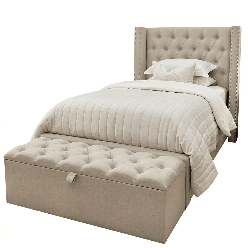 Harper Classic Luxury Grey Tweed Buttoned Silver Stud Wing Chunky Bed - Single Beds and Headboards 