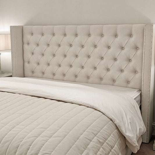 Harper Classic Luxury Grey Tweed Buttoned Silver Stud Wing Chunky Ottoman Storage Bed Beds and Headboards 
