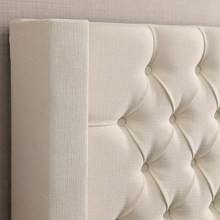 Harper Classic Luxury Ivory Textured Buttoned Winged Chunky Bed Beds and Headboards 