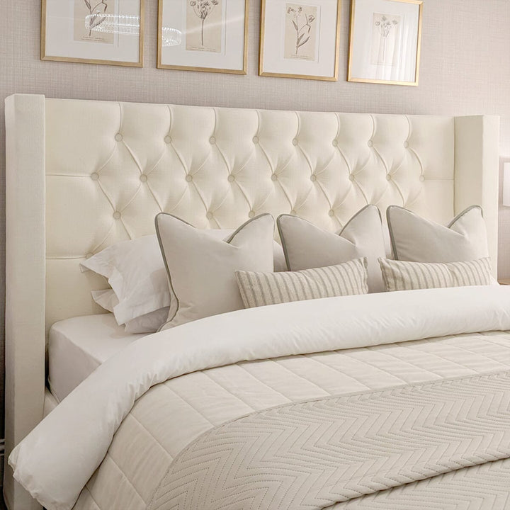 Harper Classic Luxury Ivory Textured Buttoned Winged Chunky Bed Beds and Headboards 