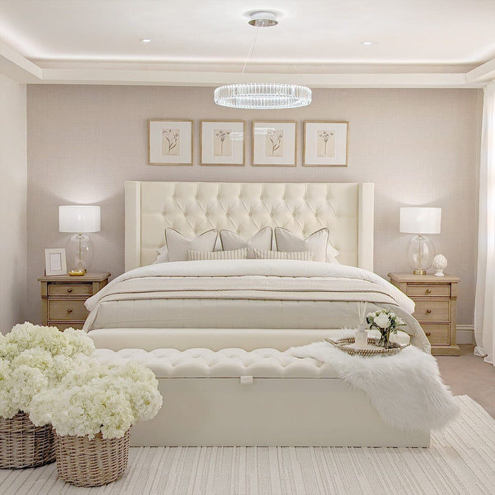 Harper Classic Luxury Ivory Textured Buttoned Winged Chunky Bed Beds and Headboards 