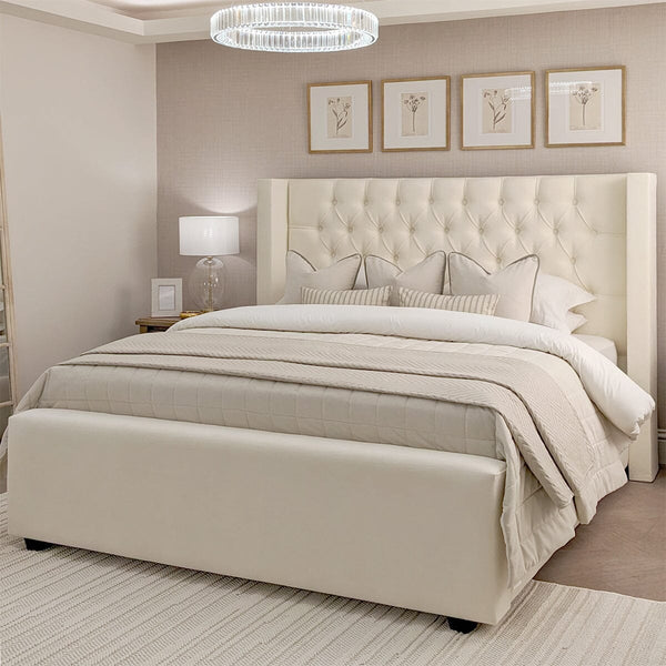 Harper Classic Luxury Ivory Textured Buttoned Winged Chunky Bed Beds and Headboards 