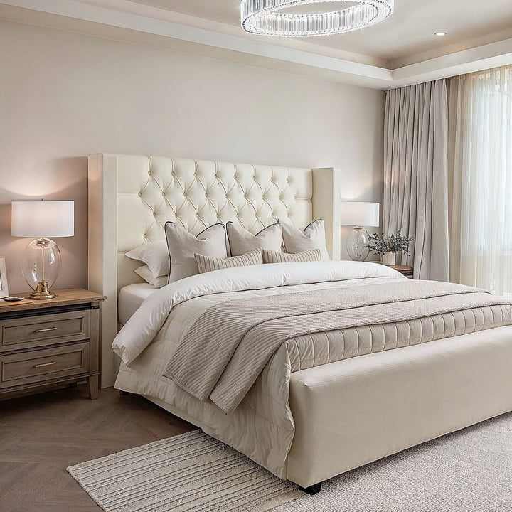 Harper Classic Luxury Ivory Textured Buttoned Winged Chunky Ottoman Storage Bed Beds and Headboards 