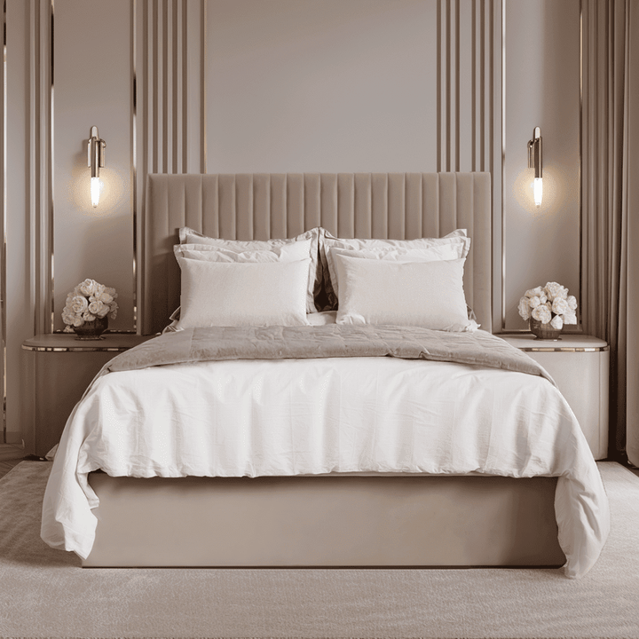 Harriet Beige Velvet Channelled Ottoman Bed Beds and Headboards 