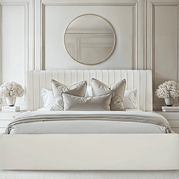 Harriet Ecru Velvet Channelled Ottoman Bed Beds and Headboards 